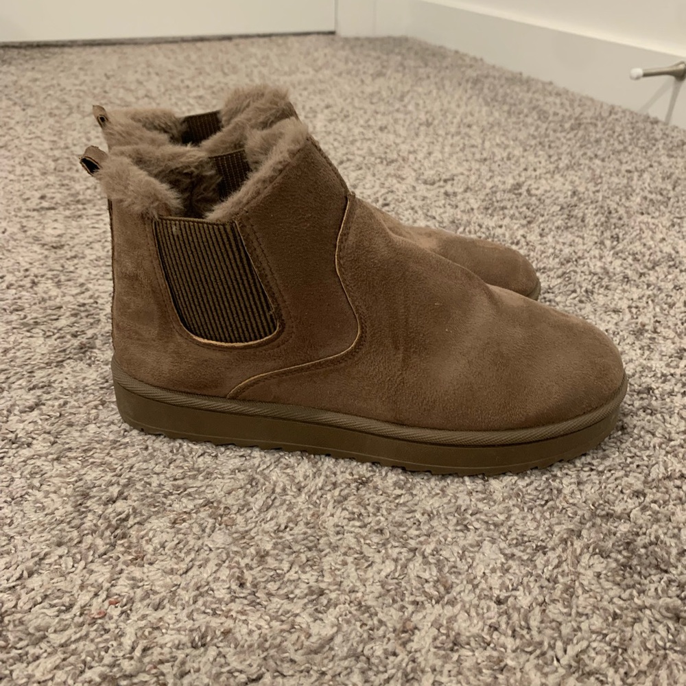 Brown Suede Ankle Boots with Fur Trim